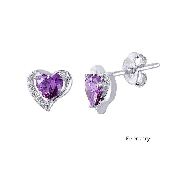 Silver 925 Rhodium Plated Heart with Birthstone Center Stud Earrings February - STE01028-FEB | Silver Palace Inc.