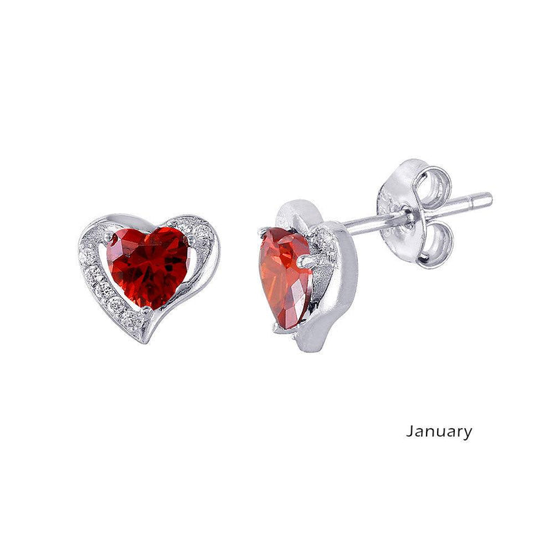 Silver 925 Rhodium Plated Heart with Birthstone Center Stud Earrings January - STE01028-JAN | Silver Palace Inc.