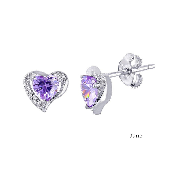 Silver 925 Rhodium Plated Heart with Birthstone Center Stud Earrings June - STE01028-JUN | Silver Palace Inc.