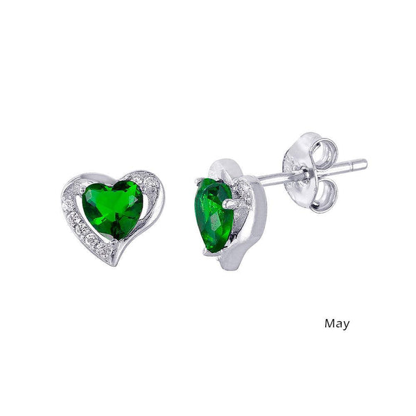 Silver 925 Rhodium Plated Heart with Birthstone Center Stud Earrings May - STE01028-MAY | Silver Palace Inc.