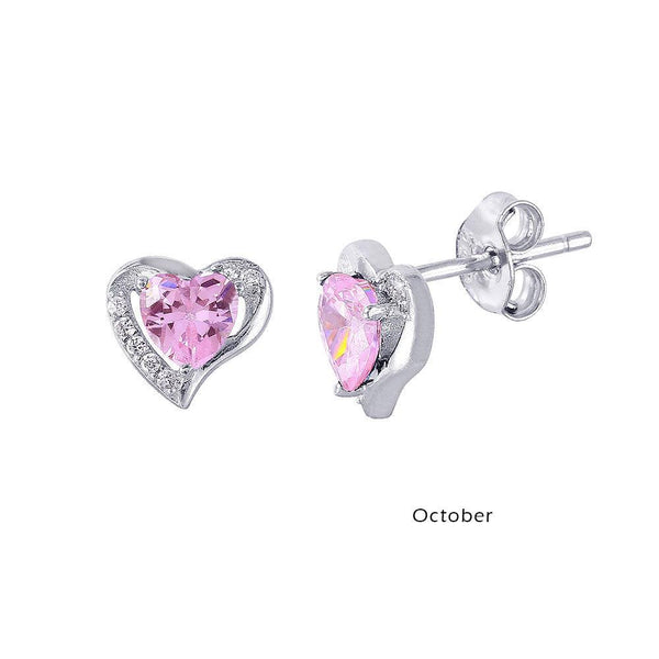 Silver 925 Rhodium Plated Heart with Birthstone Center Stud Earrings October - STE01028-OCT | Silver Palace Inc.
