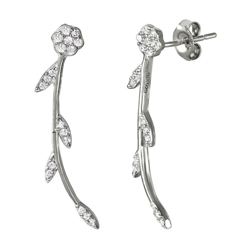 Silver 925 Rhodium Plated Long Stem Flower Earrings with CZ - STE01032 | Silver Palace Inc.