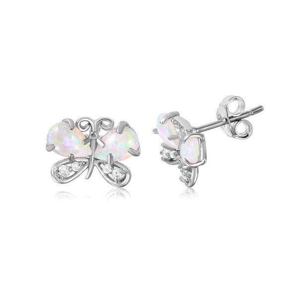 Silver 925 Rhodium Plated Butterfly CZ And Synthetic Opal Stud Earrings - STE01037 | Silver Palace Inc.