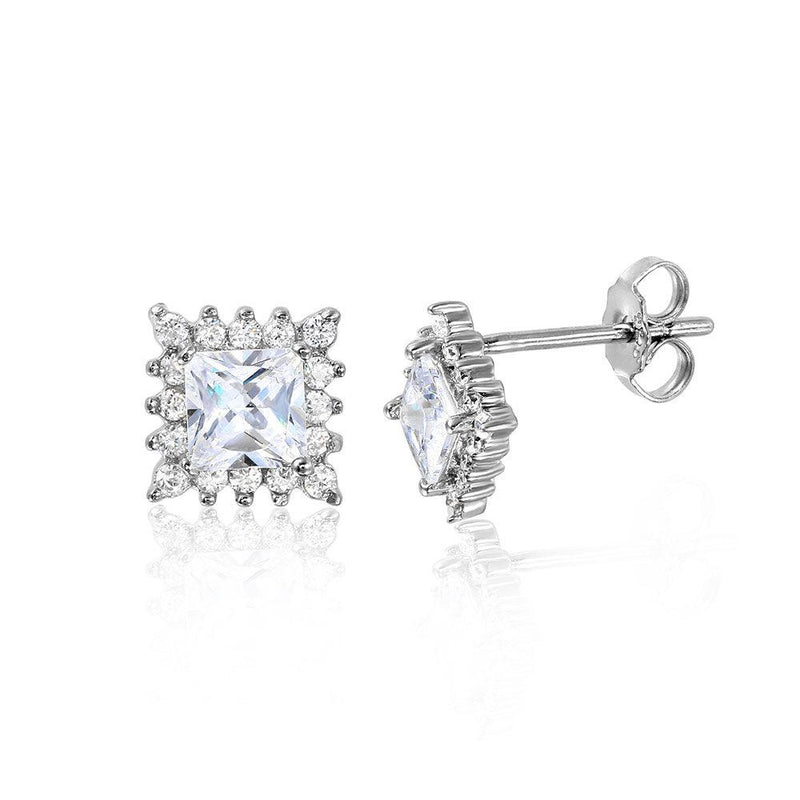 Silver 925 Rhodium Plated Square Halo Earrings - STE01039 | Silver Palace Inc.