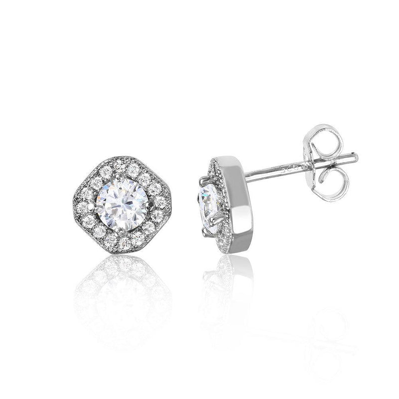 Silver 925 Rhodium Plated Round Halo Earrings - STE01040 | Silver Palace Inc.