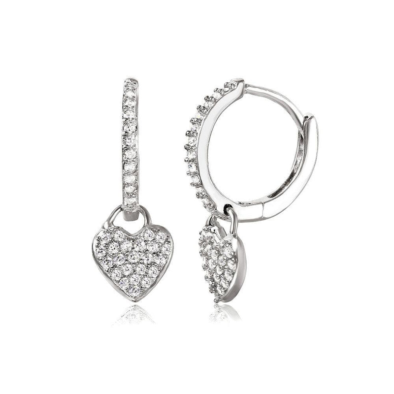 Silver 925 Rhodium Plated Hoop with Hanging Heart Earrings - STE01042 | Silver Palace Inc.