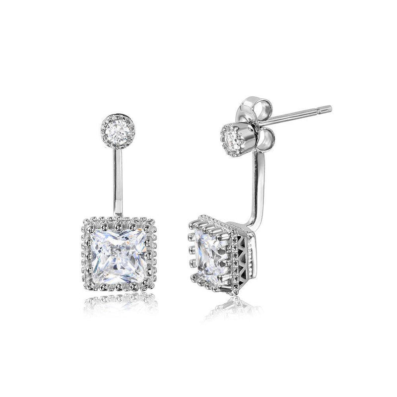 Silver 925 Rhodium Plated Hanging Square Crown Front and Back Earrings - STE01043 | Silver Palace Inc.