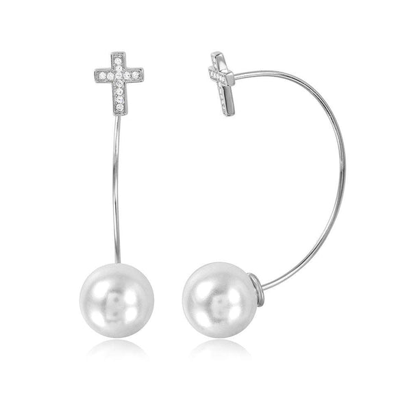 Silver 925 Rhodium Plated Cross Earrings with Hanging Synthetic Pearl - STE01047 | Silver Palace Inc.