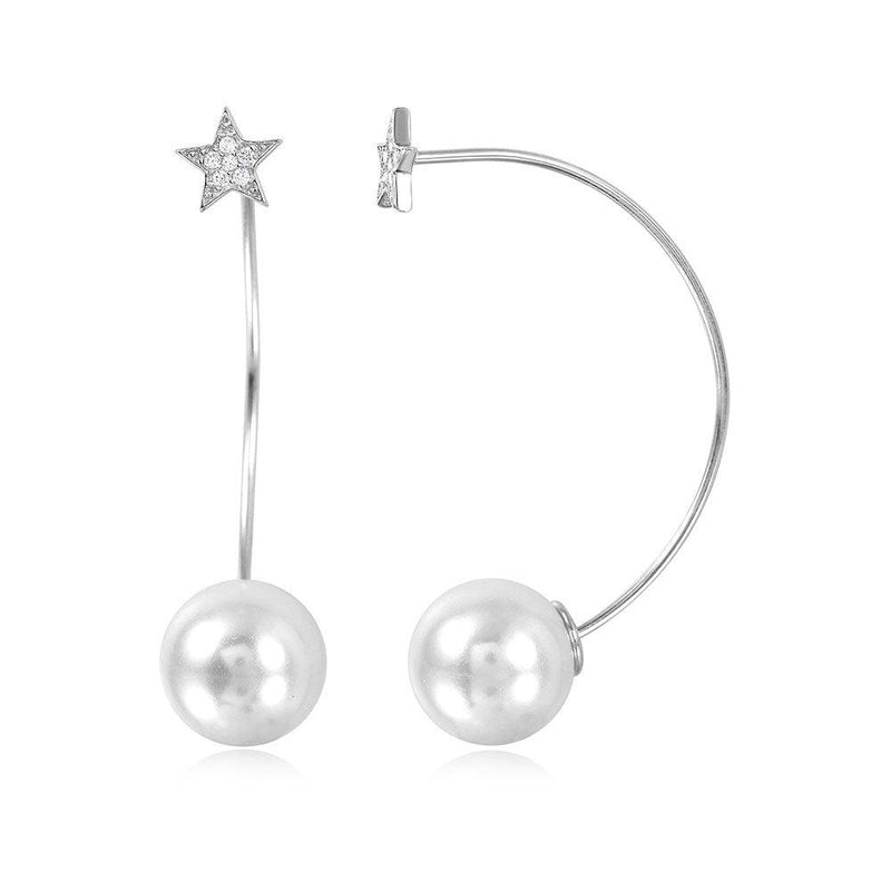 Silver 925 Rhodium Plated Star Earrings with Hanging Synthetic Pearl - STE01050 | Silver Palace Inc.