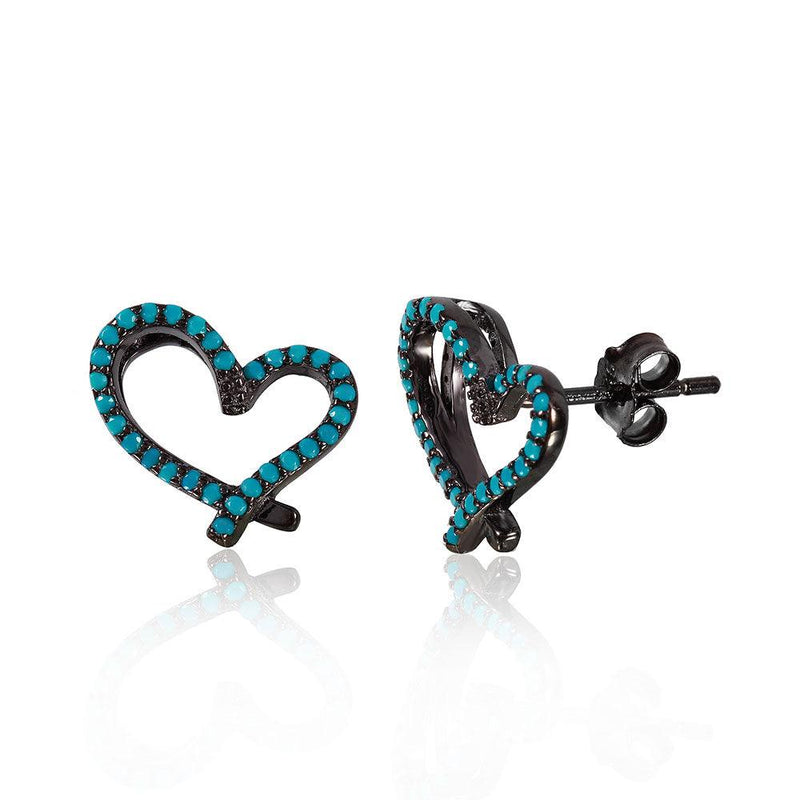 Silver 925 Black Rhodium Plated Open Heart Stud Earrings With Synthetic Turquoise Stone - STE01051 | Silver Palace Inc.