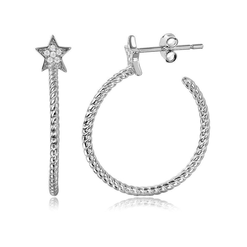 Silver 925 Rhodium Plated Rope Designed Semi Hoop Earrings on a CZ Star - STE01058 | Silver Palace Inc.