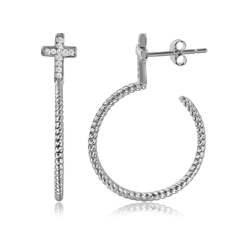 Silver 925 Rhodium Plated Rope Designed Semi Hoop Earrings on a CZ Cross - STE01059 | Silver Palace Inc.