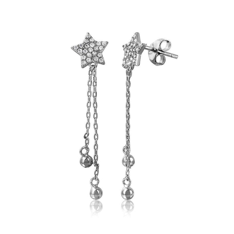 Silver 925 Rhodium Plated CZ Star with Hanging Strands Earrings - STE01060 | Silver Palace Inc.