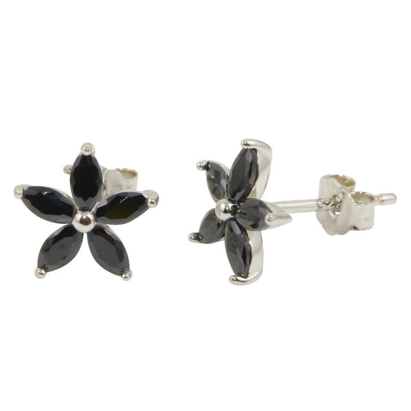 Silver 925 Rhodium Plated Black Five Petal Flower Earrings - STE01094 | Silver Palace Inc.