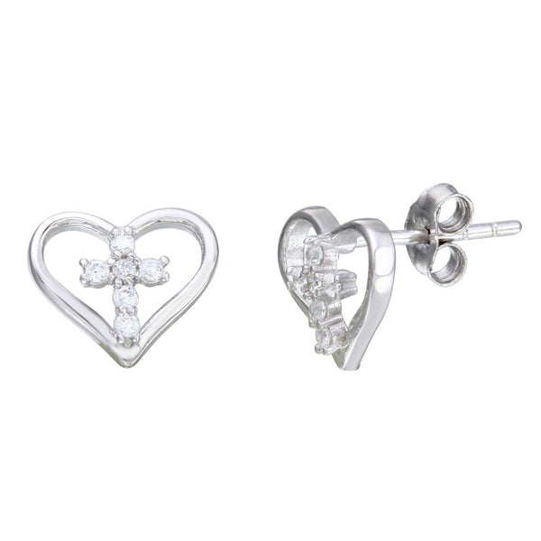 Silver 925 Rhodium Plated Cross in Heart Stud Earrings - STE01112 | Silver Palace Inc.