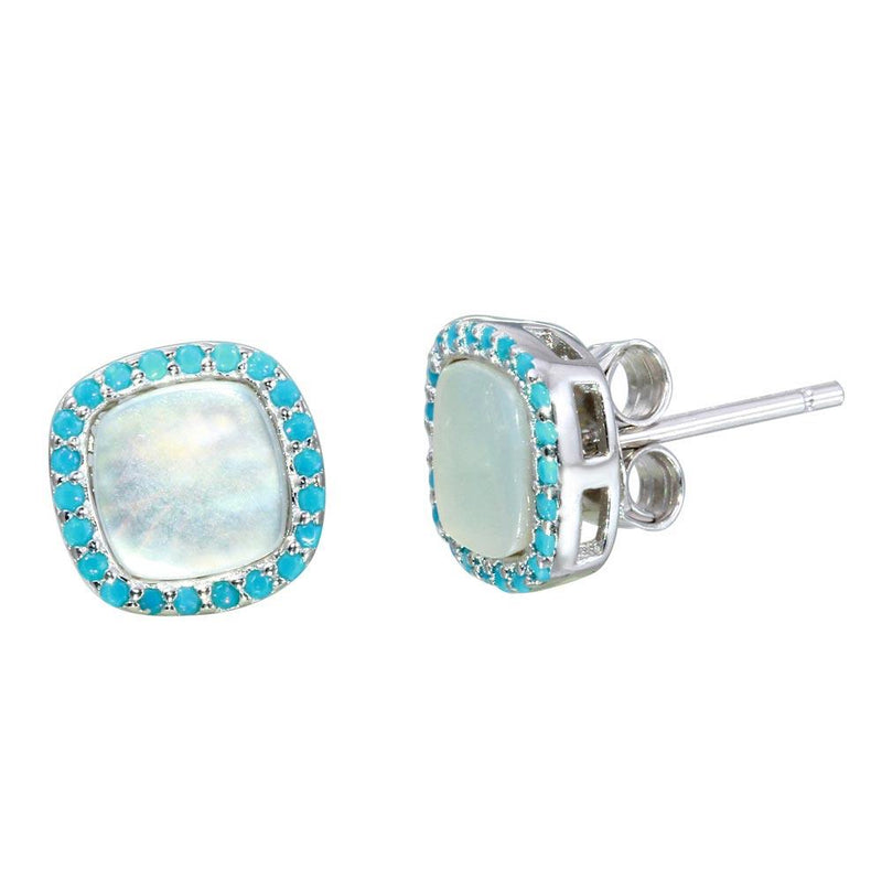 Silver 925 Rhodium Plated Square Opal Stud Earrings with Blue CZ - STE01117BLU | Silver Palace Inc.