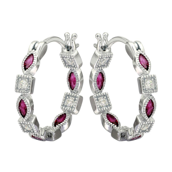 Silver 925 Rhodium Plated Inner and Outer Red Clear CZ Hoop Earrings - STE01122RED | Silver Palace Inc.