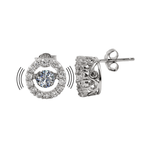 Silver 925 Rhodium Plated Round Dancing CZ Stud Earrings - STE01127 | Silver Palace Inc.