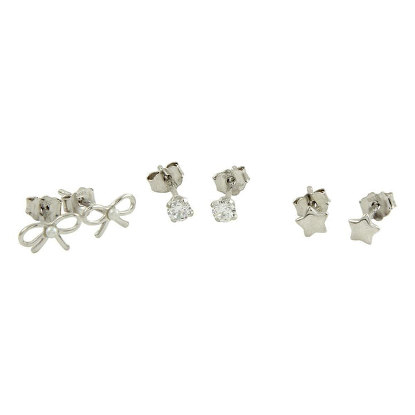 Silver 925 Rhodium Plated Ribbon, Star, and CZ Stud Earring Set - STE01130 | Silver Palace Inc.