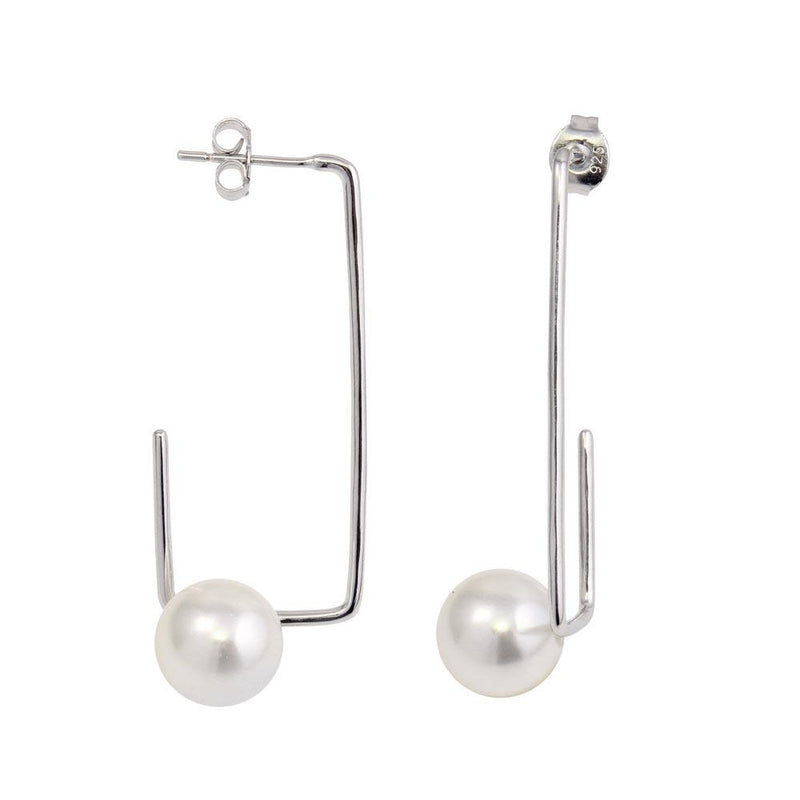 Silver 925 Rhodium Plated Rectangular Dangling Earrings with Synthetic Pearl - STE01132 | Silver Palace Inc.