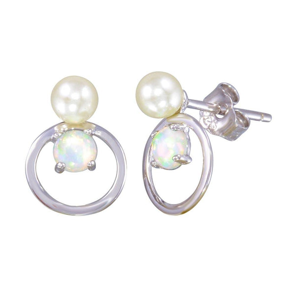 Silver 925 Rhodium Plated Open Circle Stud Earrings with Synthetic Pearl and Opal - STE01188 | Silver Palace Inc.
