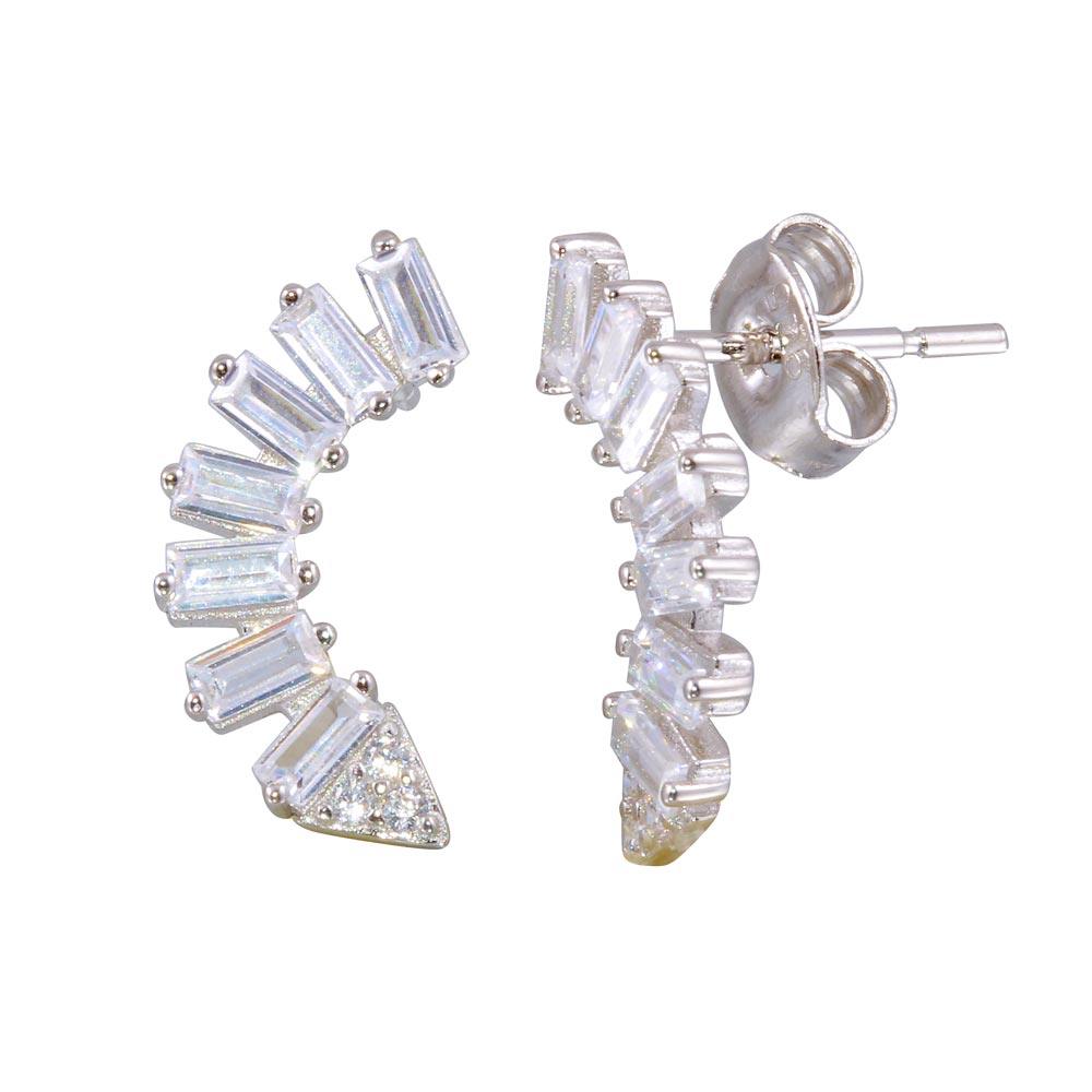 Silver 925 Rhodium Plated Baguette CZ Dangling Crescent Earrings - STE01193 | Silver Palace Inc.
