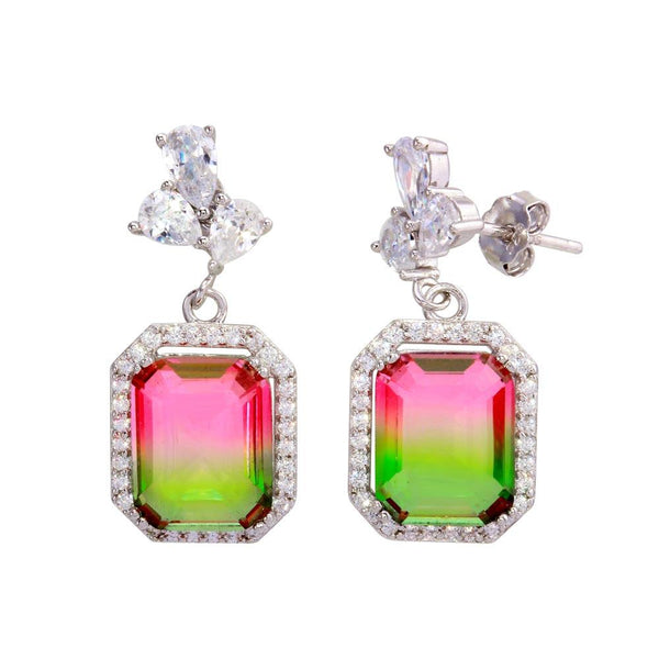 Silver 925 Rhodium Plated Green Pink Gradient CZ Dangling Earrings - STE01206 | Silver Palace Inc.