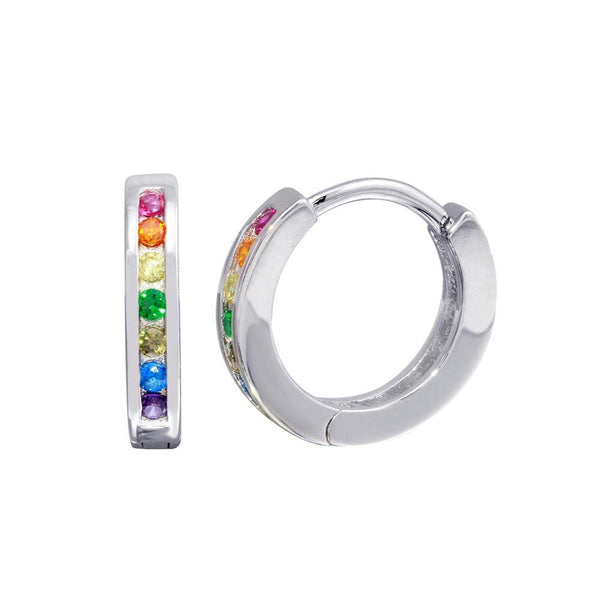 Silver 925 Rhodium Plated Rainbow Multi CZ huggie hoop Earrings 13.1mm - STE01209 | Silver Palace Inc.