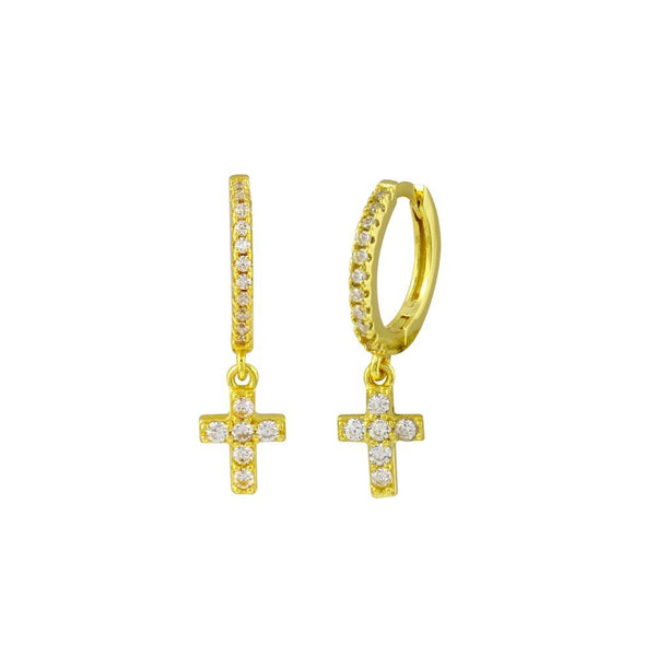 Silver 925 Gold Plated Dangling Cross CZ huggie hoop Earrings
