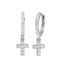 Silver 925 Rhodium Plated Dangling Cross CZ huggie hoop Earrings - STE01211 | Silver Palace Inc.