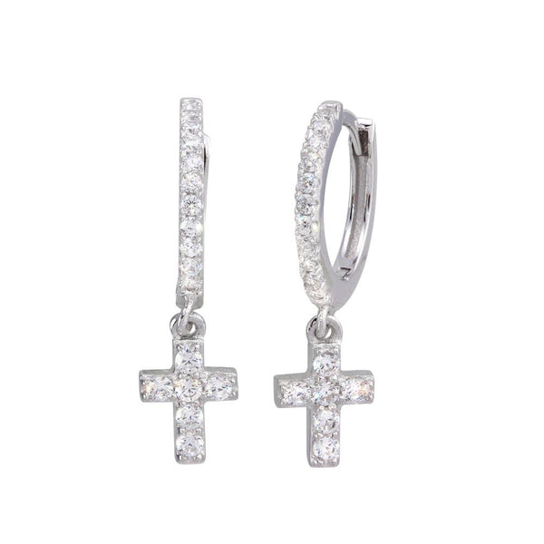 Silver 925 Rhodium Plated Dangling Cross CZ huggie hoop Earrings - STE01211 | Silver Palace Inc.
