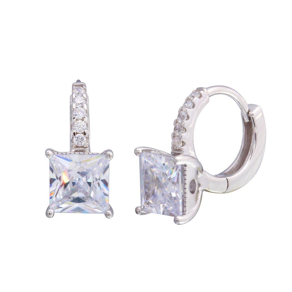 Silver 925 Rhodium Plated Dangling Square CZ huggie hoop Earrings - STE01214 | Silver Palace Inc.