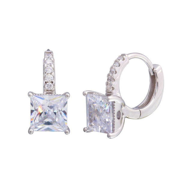 Silver 925 Rhodium Plated Dangling Square CZ huggie hoop Earrings - STE01214 | Silver Palace Inc.