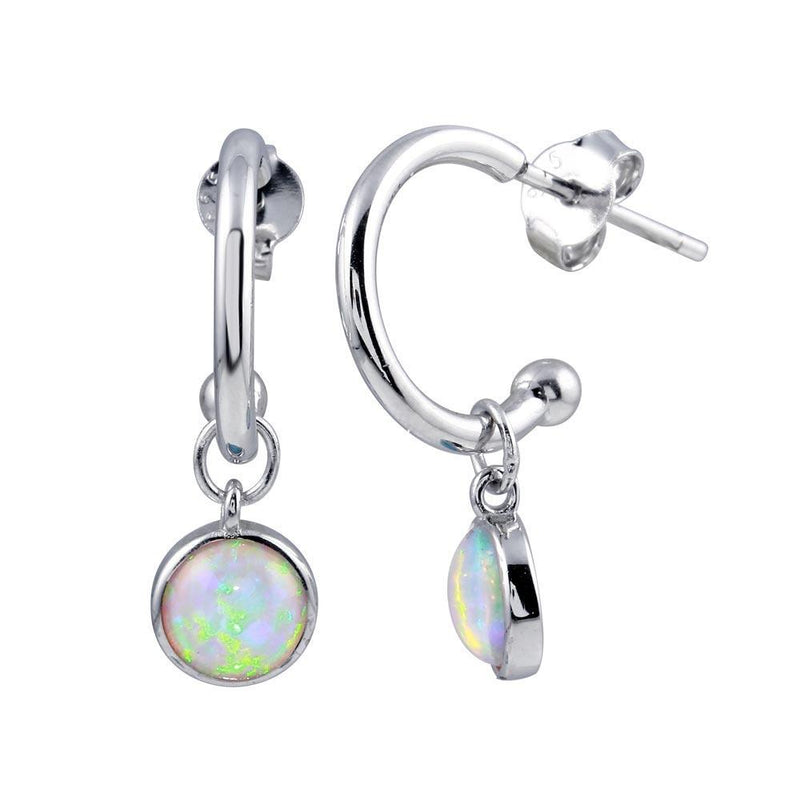Rhodium Plated 925 Sterling Silver Semi Hoop Dangling Pink Opal Earrings - STE01223PINK | Silver Palace Inc.