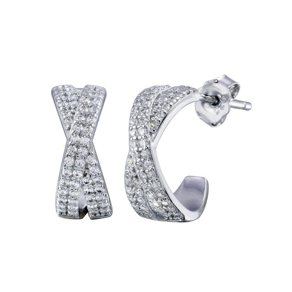 Rhodium Plated 925 Sterling Silver Semi Hoop X CZ Round Earrings - STE01230 | Silver Palace Inc.