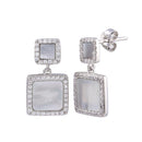 Rhodium Plated 925 Sterling Silver Dangling Square Mother of Pearl CZ Earrings - STE01236 | Silver Palace Inc.