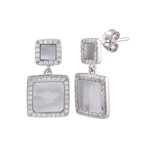 Rhodium Plated 925 Sterling Silver Dangling Square Mother of Pearl CZ Earrings - STE01236 | Silver Palace Inc.