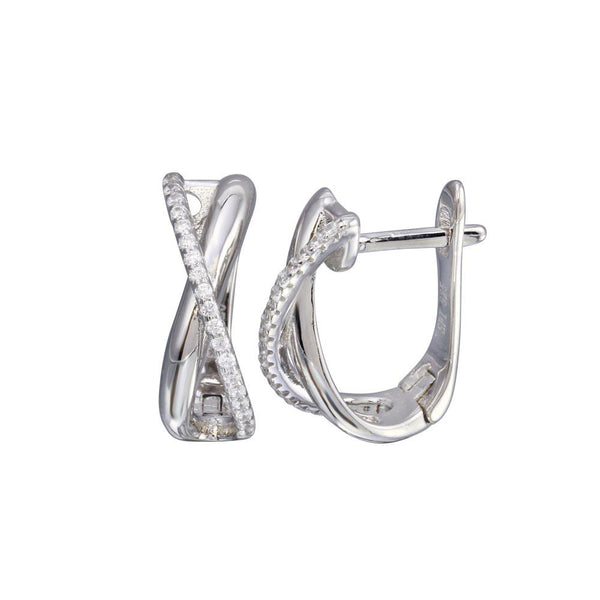 Silver 925 Rhodium Plated Oval CZ X Design Hoop Earrings - STE01257 | Silver Palace Inc.