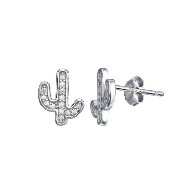 Rhodium Plated 925 Sterling Silver CZ Cactus Stud Earrings - STE01263 | Silver Palace Inc.