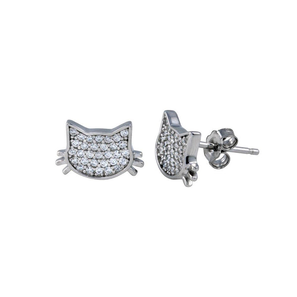 Rhodium Plated 925 Sterling Silver Cat Clear CZ Stud Earrings - BGE00729 | Silver Palace Inc.