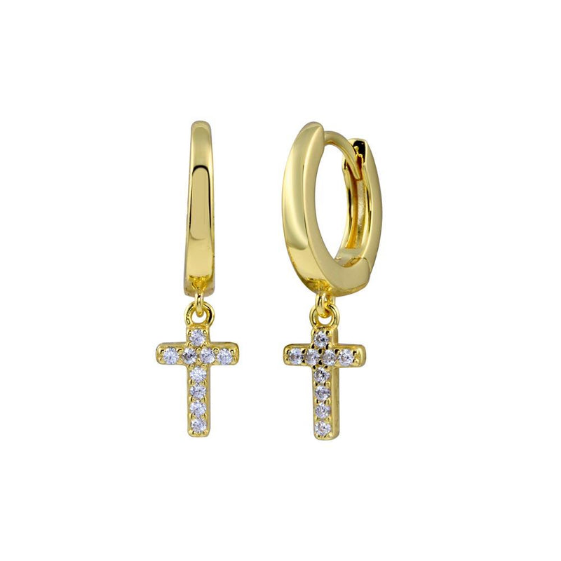 Silver 925 Gold Plated CZ huggie hoop Cross Earring - STE01279GP | Silver Palace Inc.