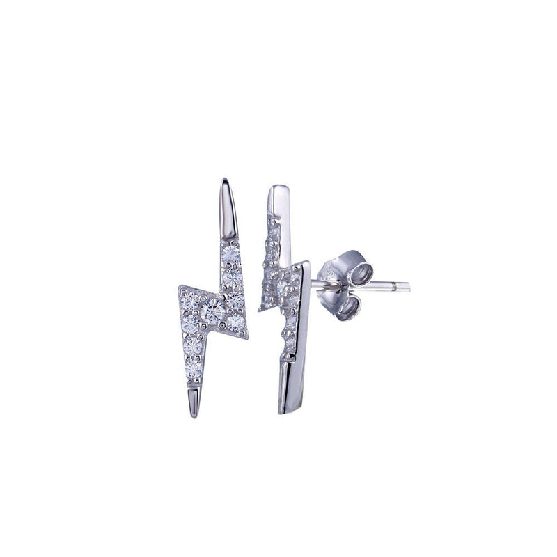 Rhodium Plated 925 Sterling Silver Baguette CZ Lightning Stud Earrings - STE01280 | Silver Palace Inc.