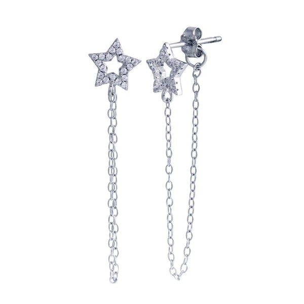 Rhodium Plated 925 Sterling Silver Star Chain CZ Stud Earrings - STE01285 | Silver Palace Inc.