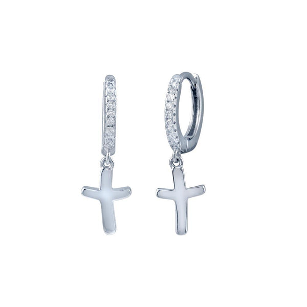 Rhodium Plated 925 Sterling Silver huggie hoop Cross CZ Earrings - STE01301 | Silver Palace Inc.