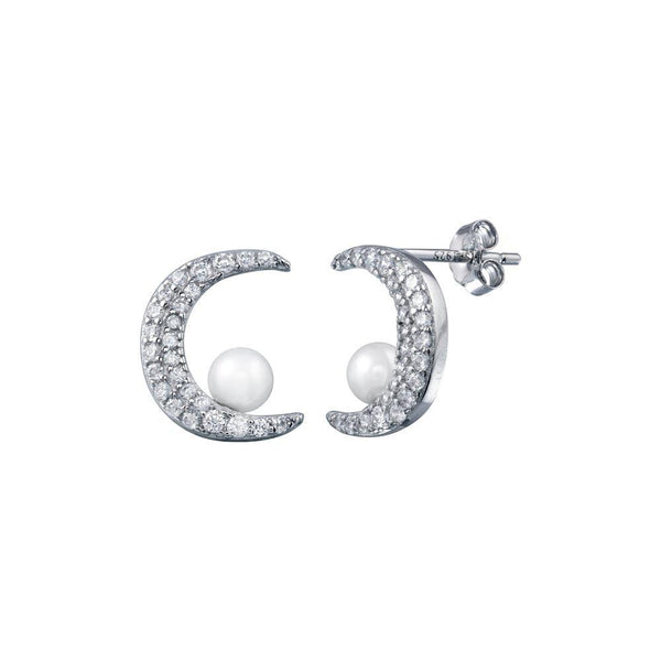 Silver 925 Rhodium Plated Crescent Moon Mother of Pearl and CZ Earrings - STE01303 | Silver Palace Inc.