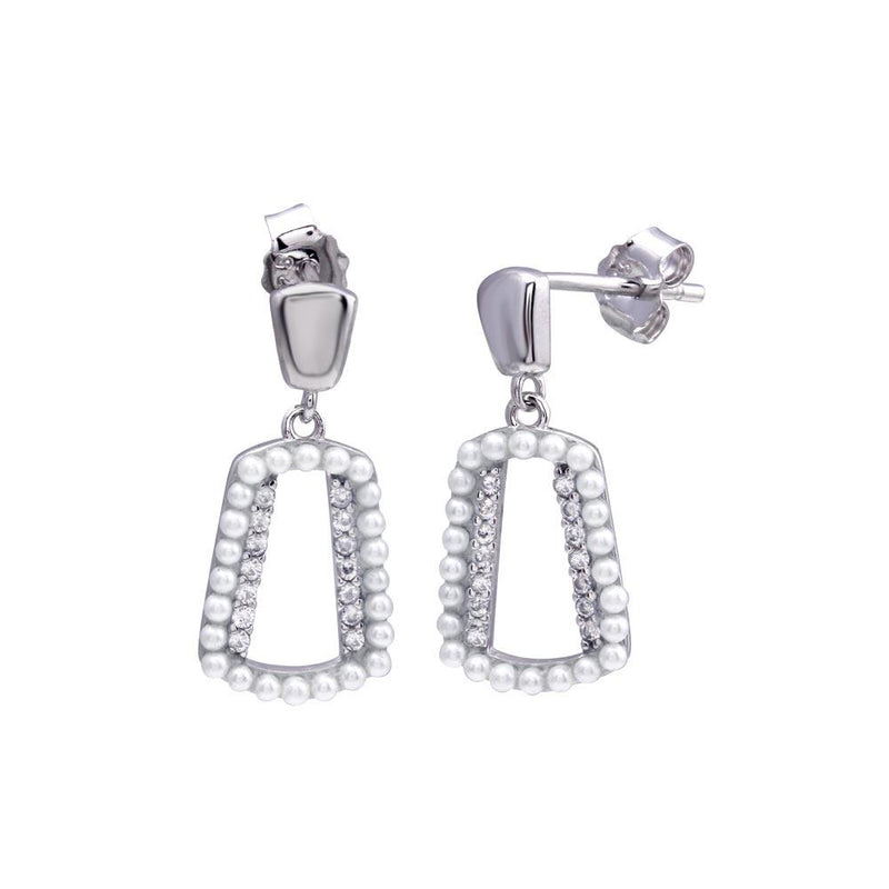 Rhodium Plated 925 Sterling Silver Dangling Open Halo Pearl and CZ Earrings - STE01321 | Silver Palace Inc.