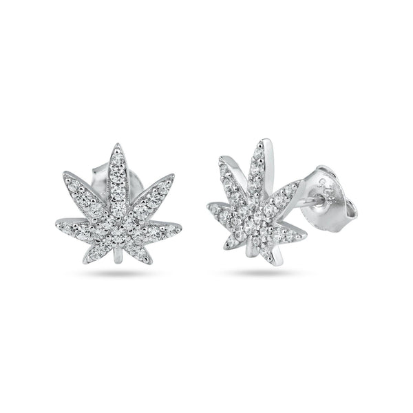 Silver 925 Rhodium Plated Cannabis CZ Stud Earrings - STE01332 | Silver Palace Inc.