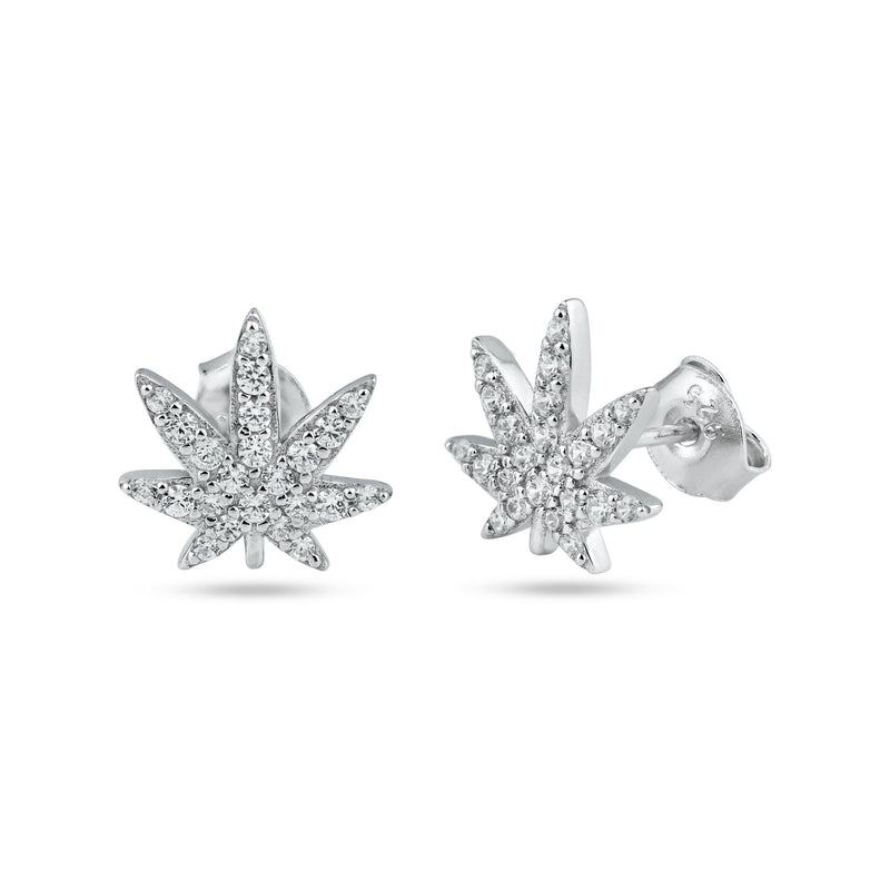 Rhodium Plated 925 Sterling Silver Cannabis CZ Stud Earrings - STE01332 | Silver Palace Inc.