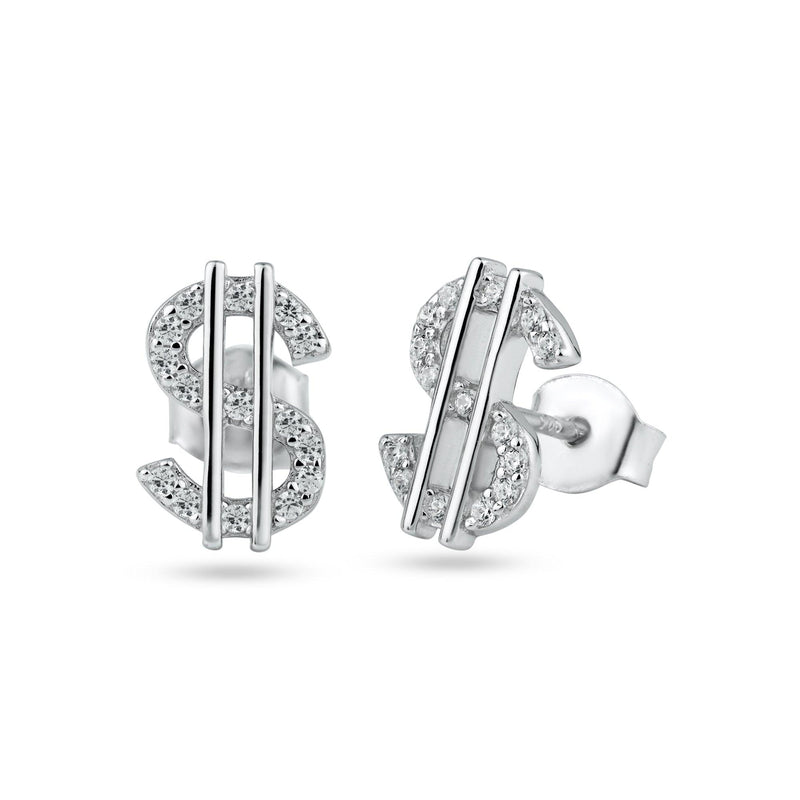 Rhodium Plated 925 Sterling Silver Dollar CZ Stud Earrings - STE01333 | Silver Palace Inc.