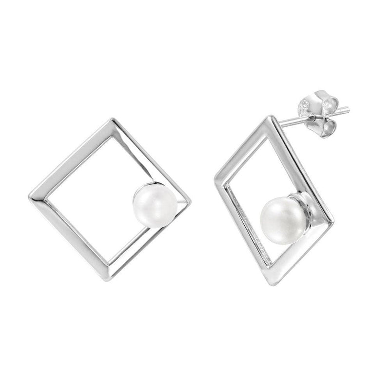 Silver 925 Rhodium Plated Open Square Fresh Water Pearl Stud Earrings - STE01001 | Silver Palace Inc.